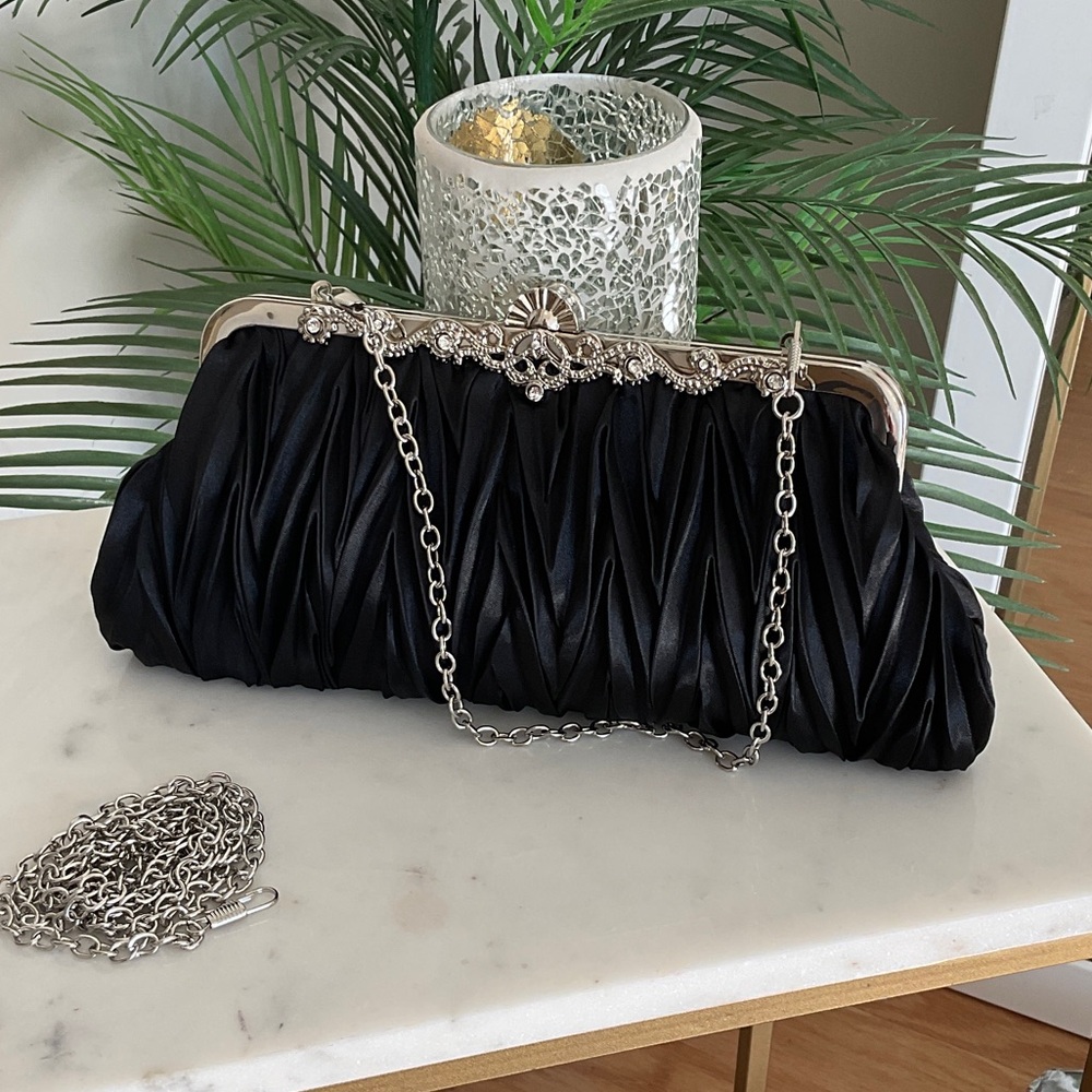 Elegant Black Satin Clutch with Silver Accents